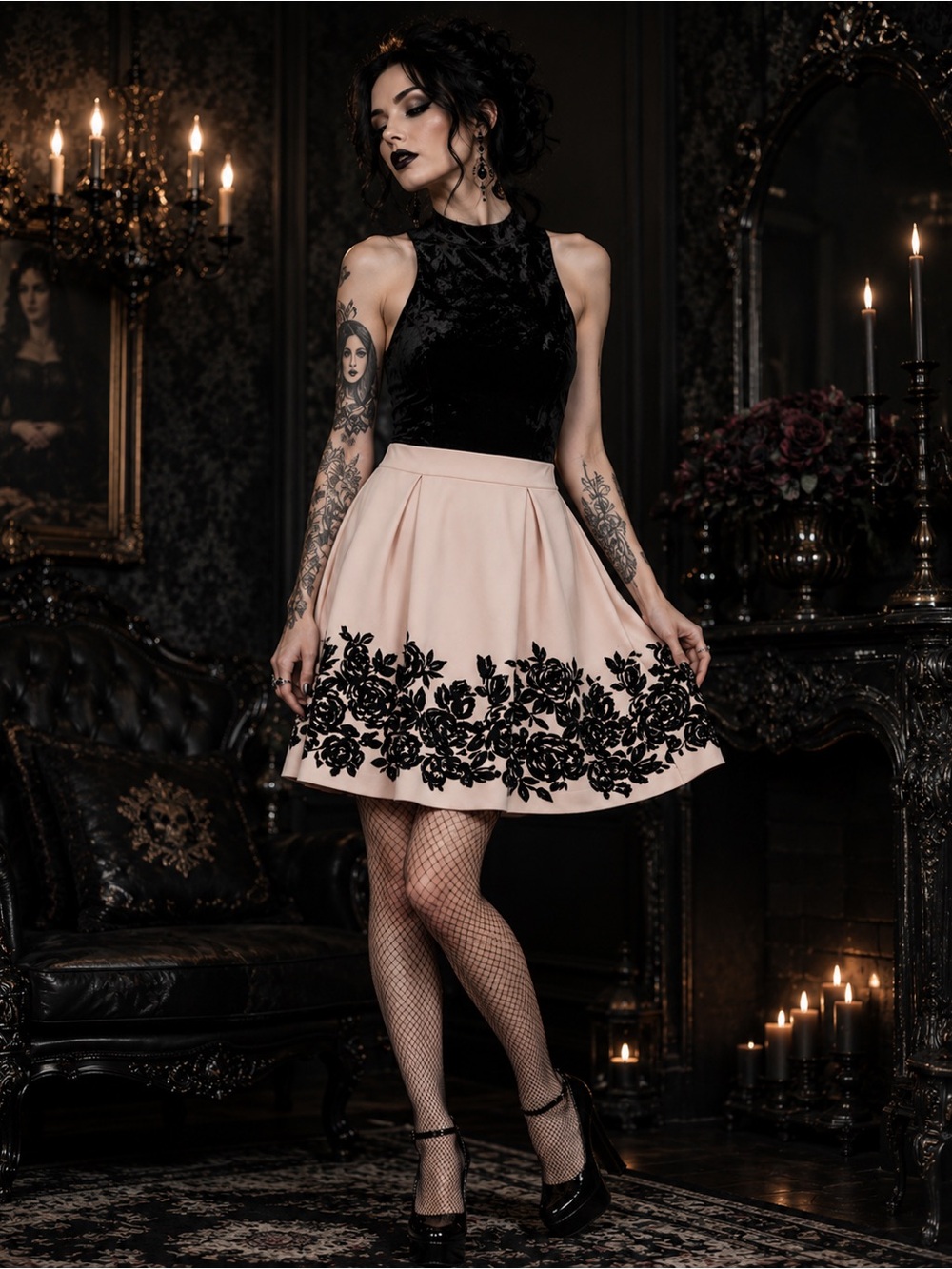 Y2K Black & Blush High Collar Velvet w Floral Trixxi Dress